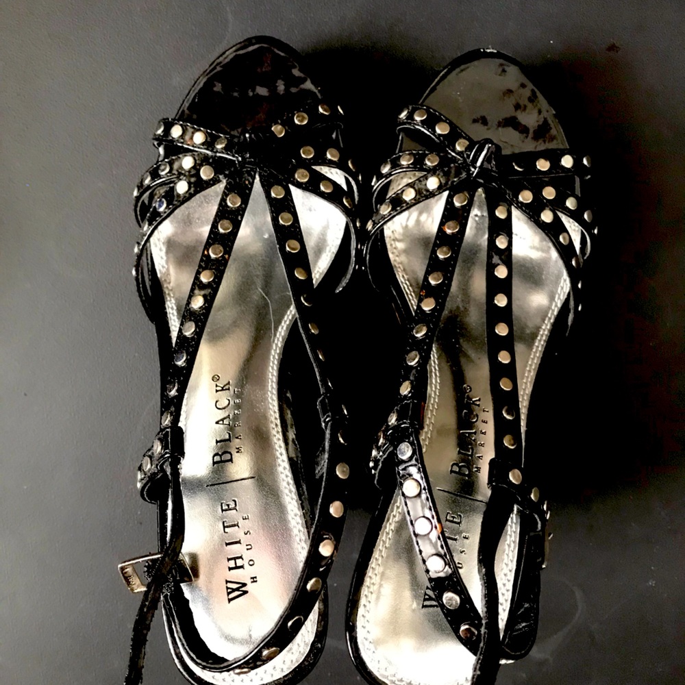 White House Black Market Wedge Sandal Black straps with Silver accents! Size 6
